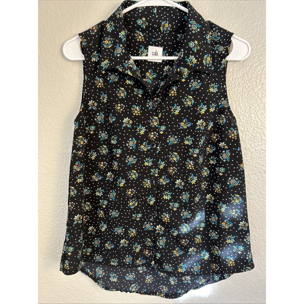 Cabi Women's Size Medium Whimsy Black Floral Sleeveless V Neck Blouse
